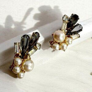 Vintage Clip on Earrings Teardrop Smokey Brown Stones and Faux Pearls Gold Tone